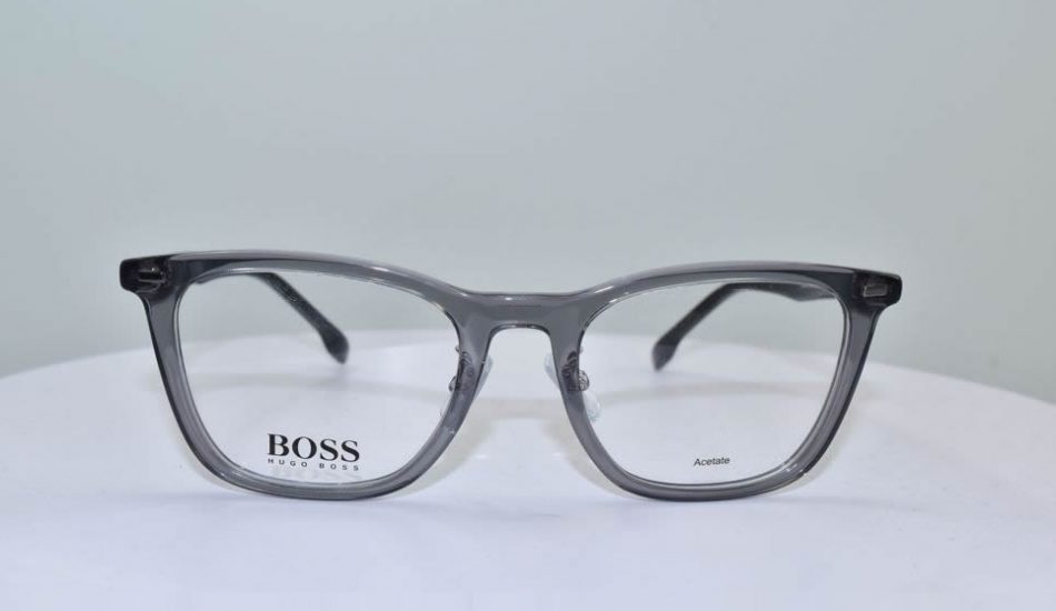 front angle of clear black framed Hugo Boss glasses