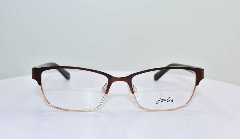 front angle of thin framed brown Joules glasses