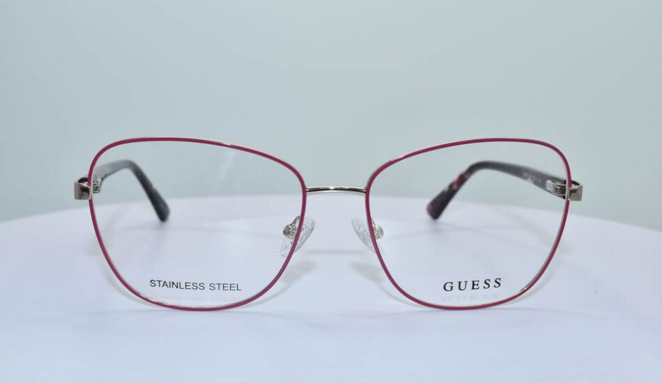stainless steel red framed GUESS glasses