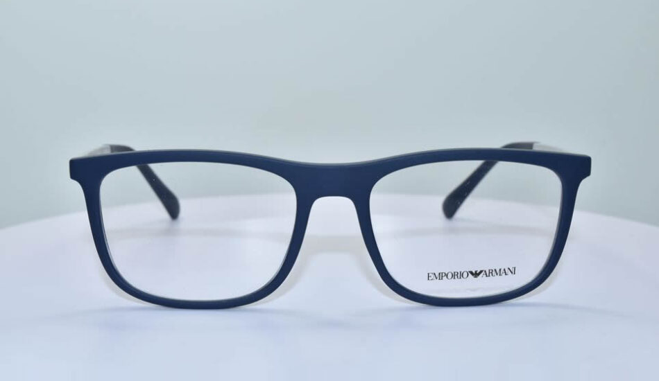front angle of blue framed Emporio Armani glasses