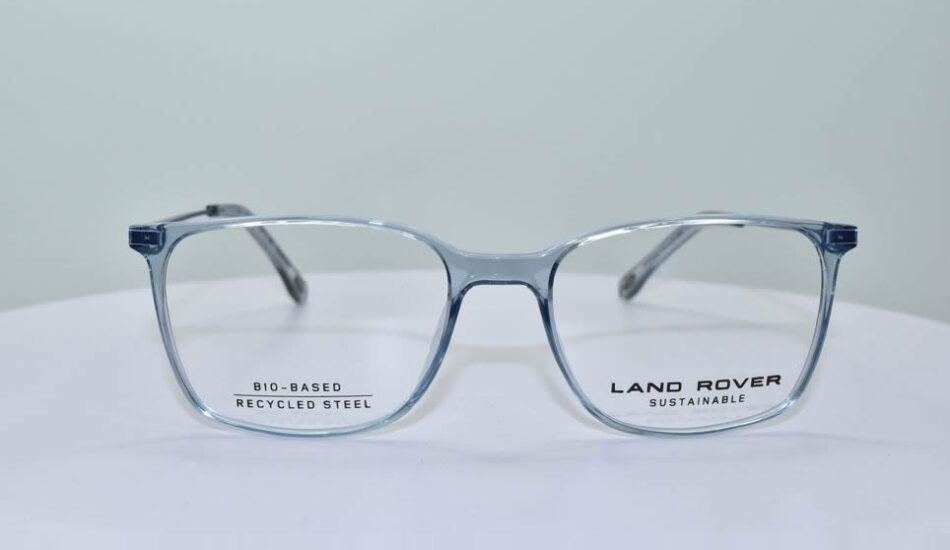 thin clear blue framed land rover glasses