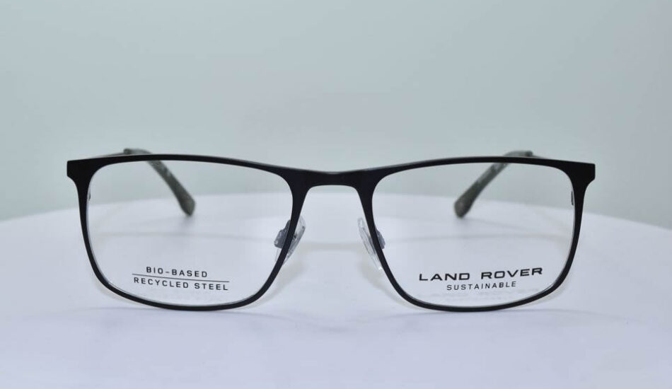 thin black framed sustainable land rover glasses