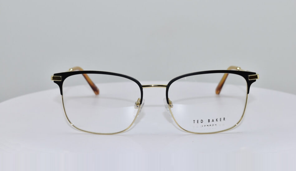 front angle of thin framed Ted Baker glasses