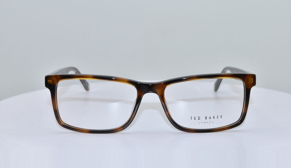 front angle of brown and black framed Ted Baker glasses