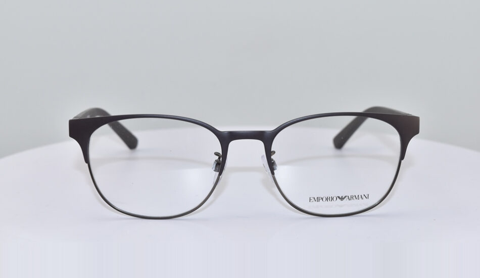 Front angle black thin framed Emporio Armani glasses on white background