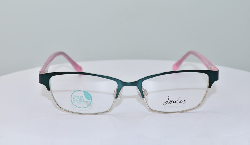front angle of pink, black and blue framed glasses