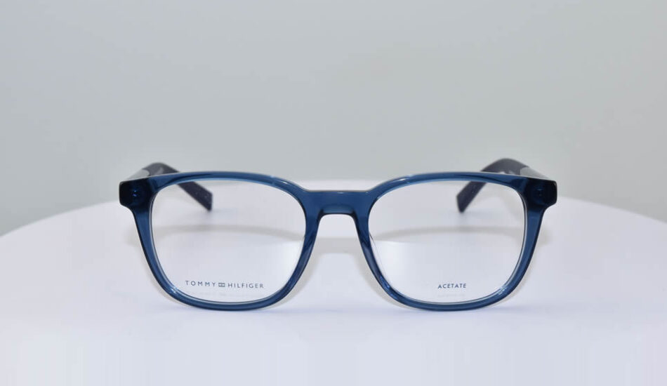 front angle of blue framed Tommy Hilfiger glasses