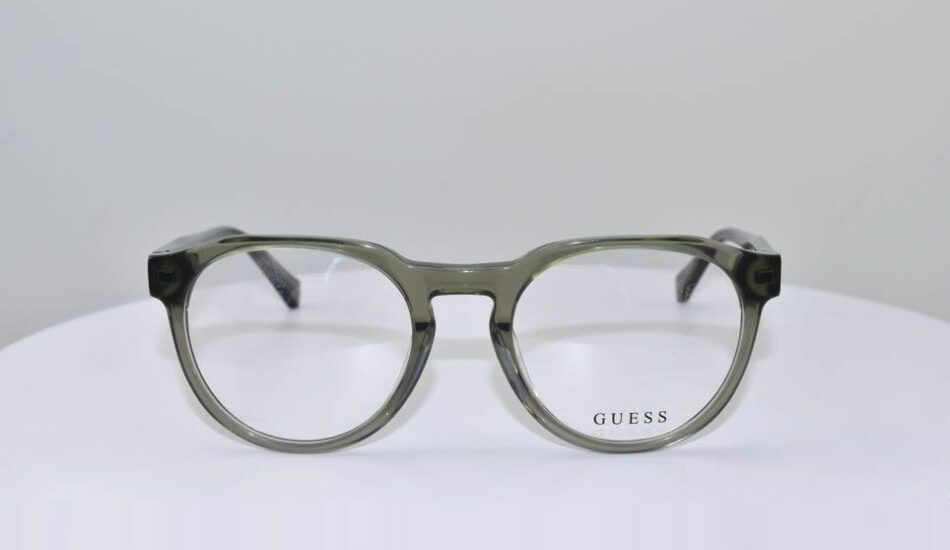 front angle of clear framed GUESS glasses
