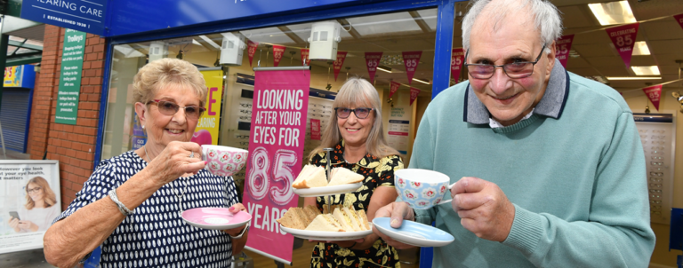 Double 85th birthday celebrations for Loughborough opticians and loyal customer