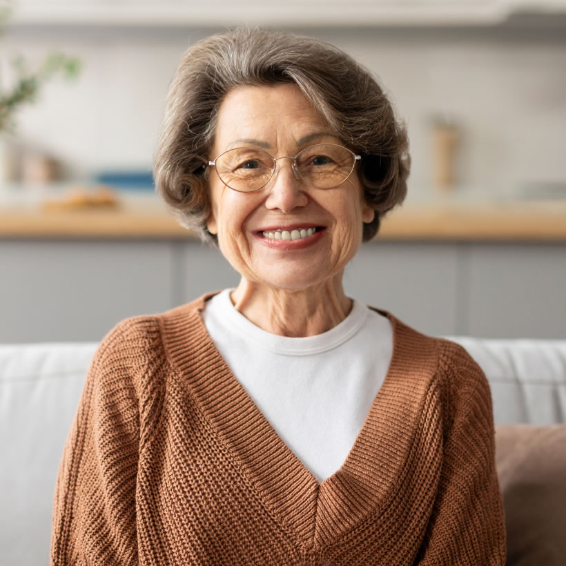 Elderly lady sitting on a sofa smiling at the camera