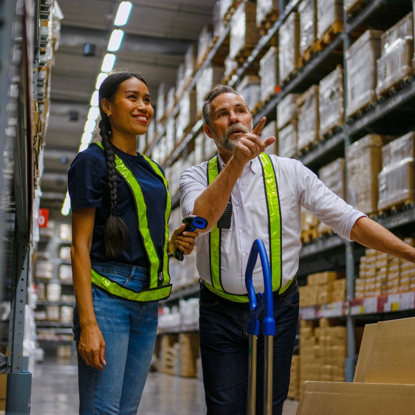 Man and woman in a warehouse