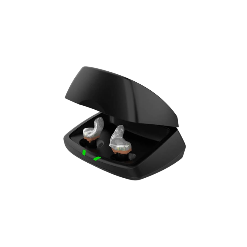 Pair of rechargeable hearing aids in charging case
