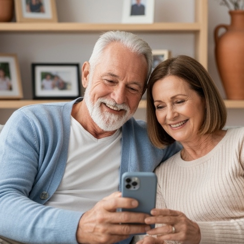 Older couple sat together on sofa looking at phone together