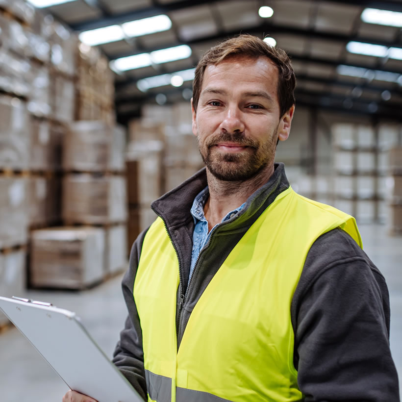 Man in a warehouse waring a high vis while holding a clipboard