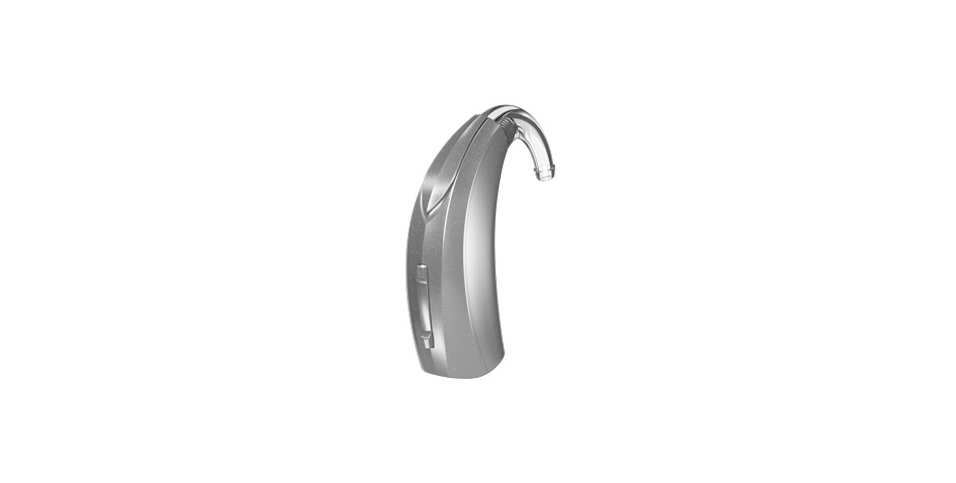 Behind-the-ear hearing aid with a clear tube, shown against a white background