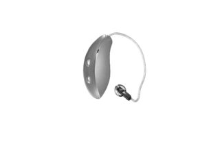 Behind-the-ear hearing aid with a curved slim tube and earmold.