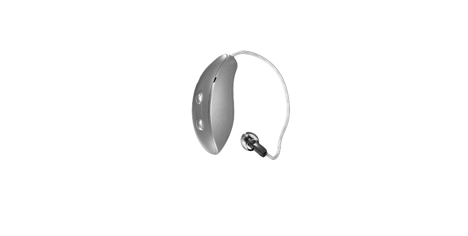 Behind-the-ear hearing aid with a curved slim tube and earmold.