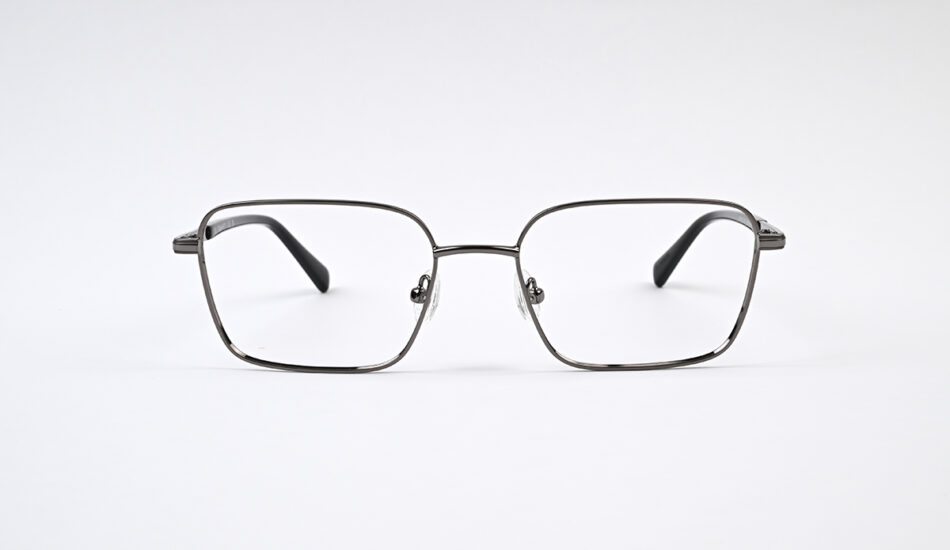 Metal rectangular eyeglasses with adjustable nose pads on a white background.