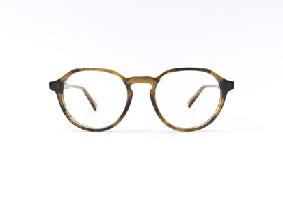 Round tortoiseshell eyeglasses with a keyhole bridge, viewed from the front on a white background.