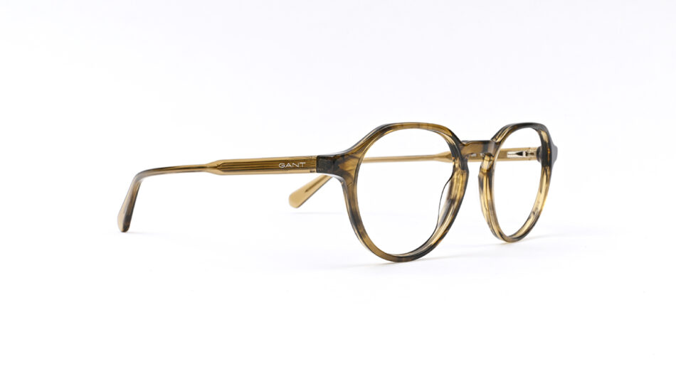 Tortoiseshell round eyeglasses with a thin frame and 'GANT' on the temple on a white background.