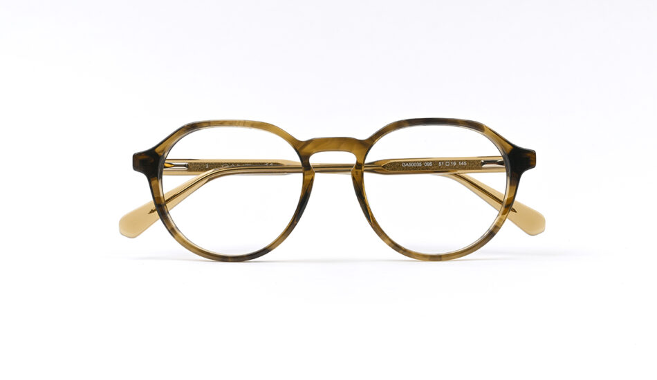 Brown tortoiseshell round eyeglasses with gold temples on a white background.