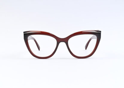 Red tortoiseshell cat-eye eyeglasses on a white background with clear lenses.