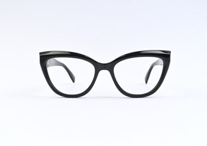 Black cat-eye eyeglasses on a white background, studio shot, front view.