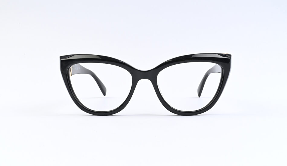 Black cat-eye eyeglasses on a white background, studio shot, front view.