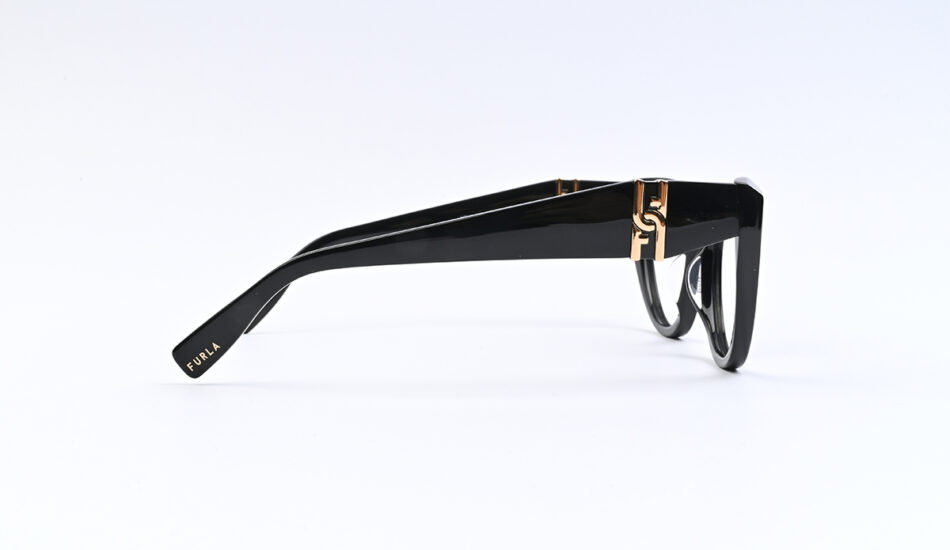 Black rectangular eyeglasses with gold hinge accents and Furla logo on the temple, side view styling