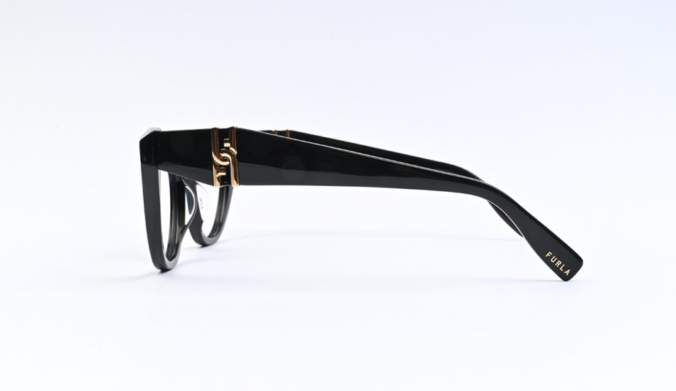 Black FURla sunglasses in a side view with gold hinge detailing and glossy finish on a white background, temple facing right.