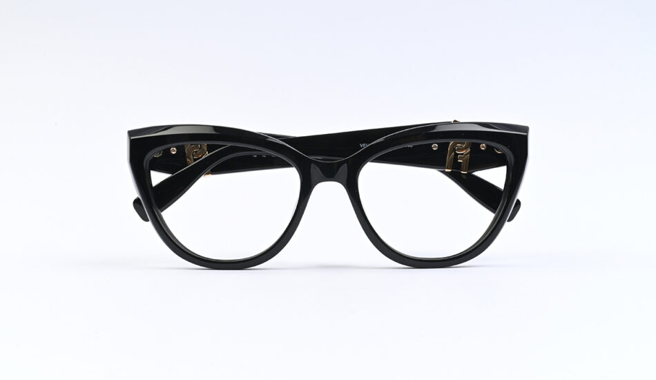 Black thick-framed cat-eye eyeglasses on a white background
