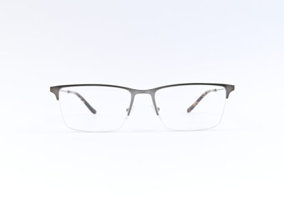 Semi-rimless eyeglasses with a dark top frame and tortoiseshell temples on a white background