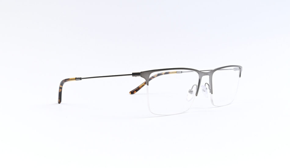 Rectangular metal-framed eyeglasses with tortoiseshell temples on a white background.