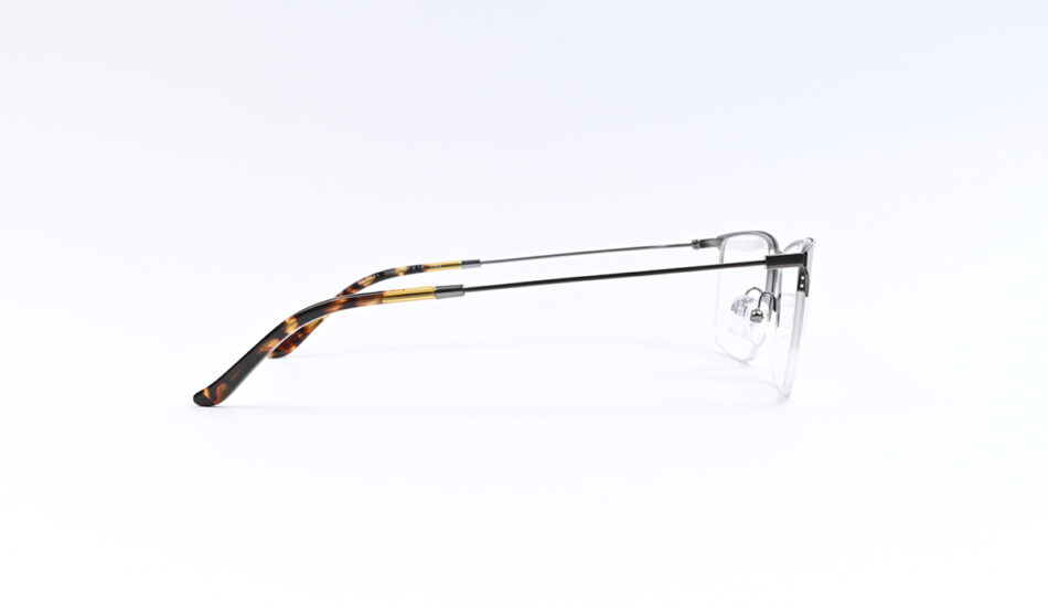 Side view of metal-framed eyeglasses with tortoiseshell temple tips and clear lenses on a white background, illustrating a stylish frame.