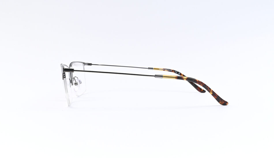 Side view of metal-framed eyeglasses with tortoiseshell temples on a white background
