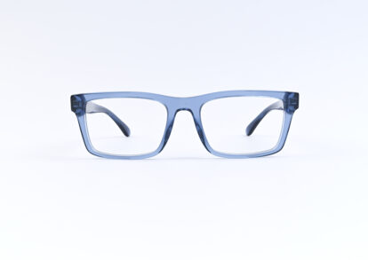 Blue plastic eyeglasses with rectangular lenses on a white surface.