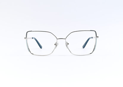 Metal-framed rectangular eyeglasses with blue temple tips on a white background.