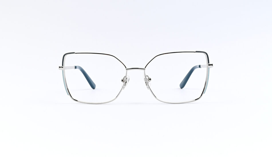 Metal-framed rectangular eyeglasses with blue temple tips on a white background.