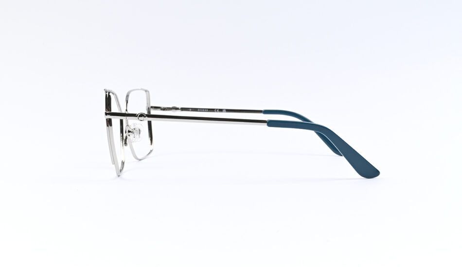 Side view of a pair of metal eyeglasses with blue temple tips.