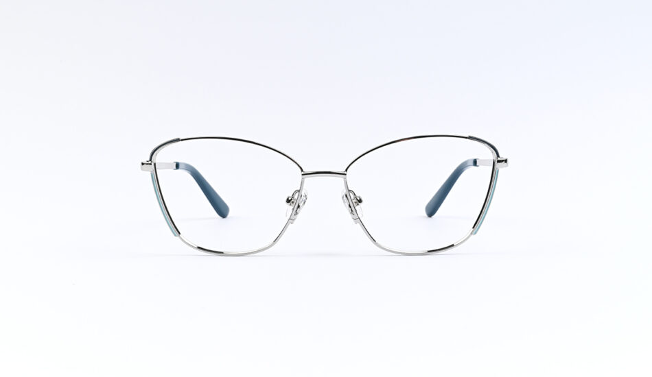 Metal cat-eye eyeglasses with blue temple tips on a white background.