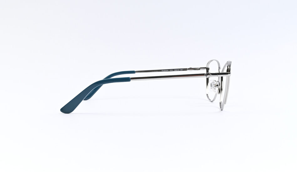 Side view of blue-templed metal eyeglasses on a white studio background.