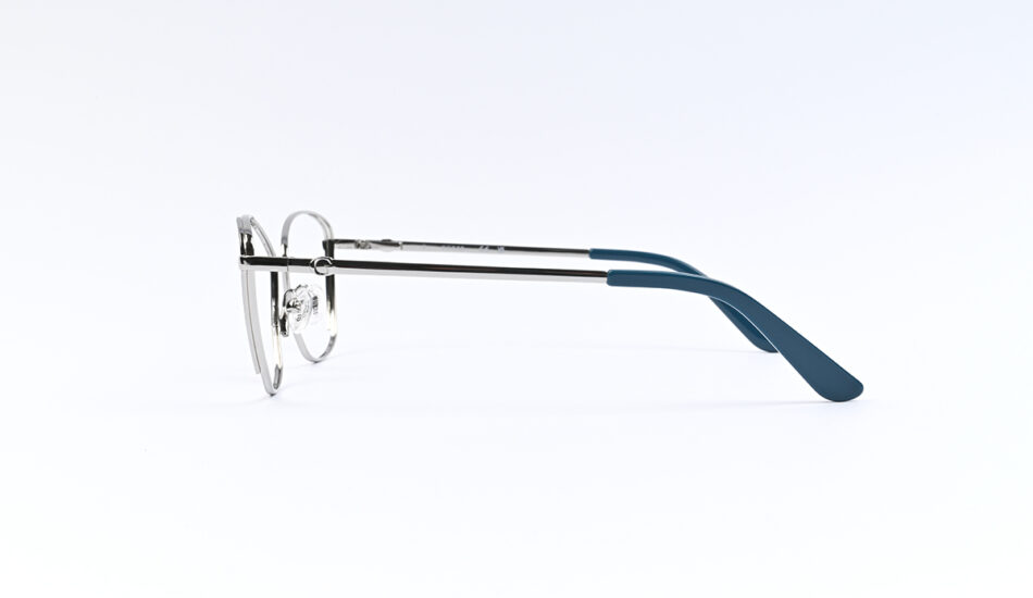 Side view of metal eyeglasses with blue temple tips on a white background, showing slim double-bridge design.
