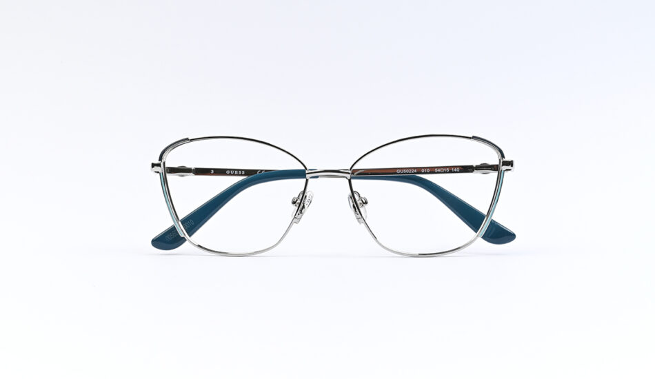 Metal-rimmed eyeglasses with blue temple arms, front view on a white background.