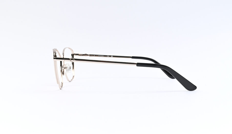 Side view of thin metal eyeglasses with round lenses and black temple tips on a white background?