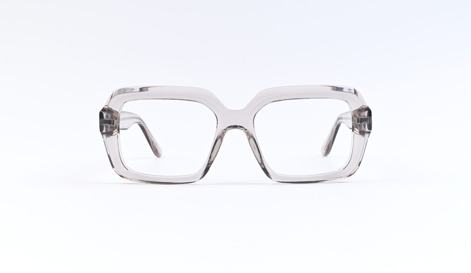 Clear oversized square eyeglasses with a double-bridge design on a white background from a front view.