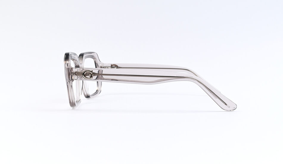 Profile view of transparent eyeglasses with a metal 'G' logo on the temple